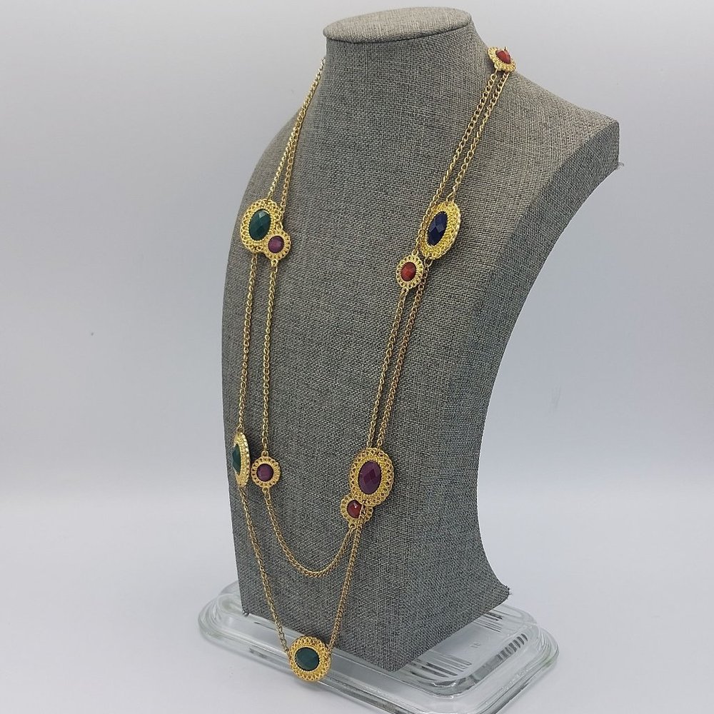 NY New York Necklace  Gold Toned Chain Filigree Framed Faceted Resin Double Stra